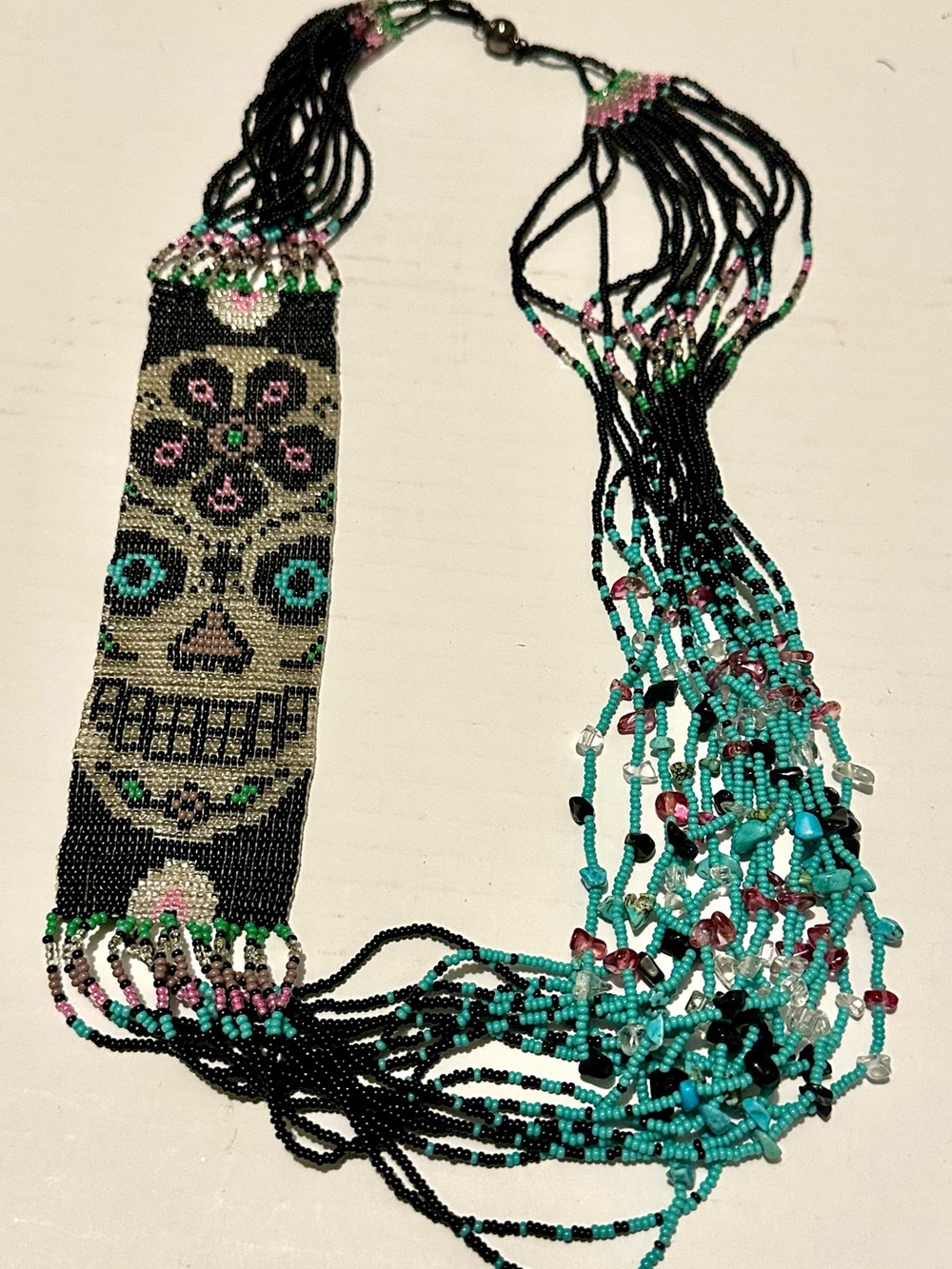 Handmade Beaded Sugar Skull Necklace in Black & Turquoise